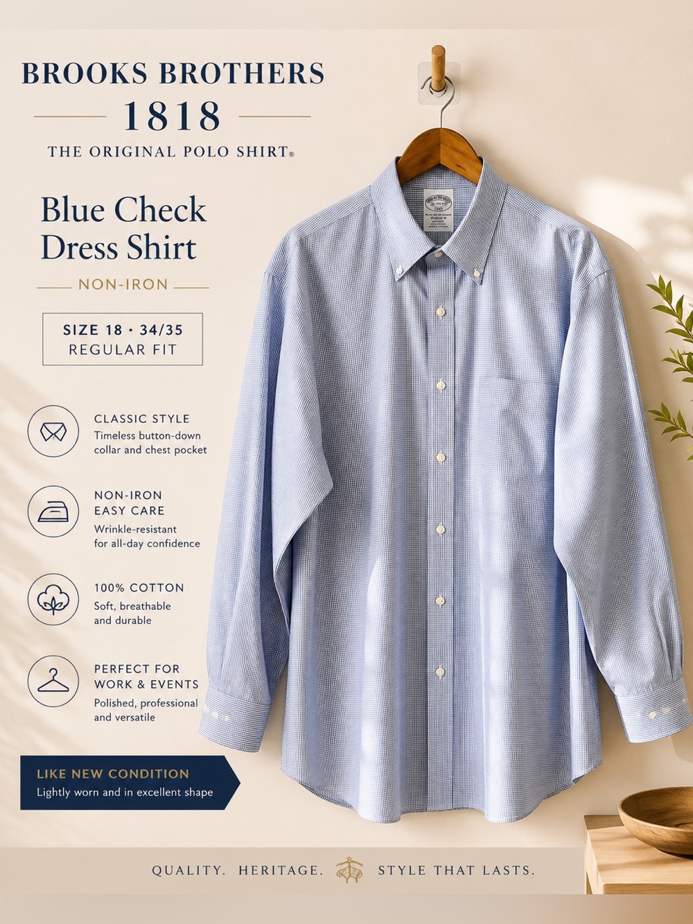 Brooks Brothers 1818 Regular Fit Non-Iron Blue Check Dress Shirt Size 18 34/35